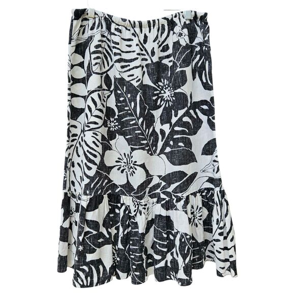 Tommy Bahama Midi Linen Pull On Flounce Skirt Black Off White Floral M Resort - Picture 1 of 7